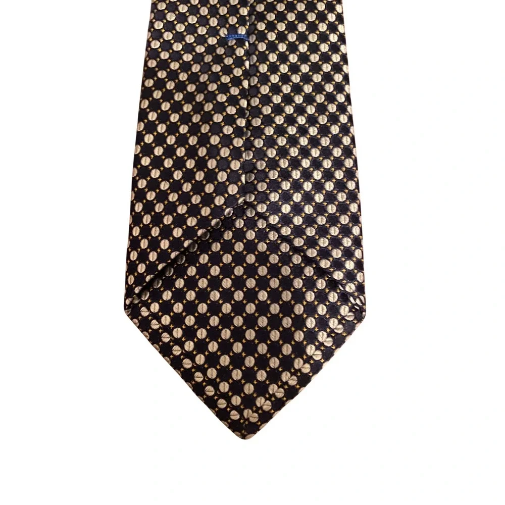 Black Saks Fifth Avenue Mens Silk Tie Navy  Geometric Circle‎ Pattern 100% Silk